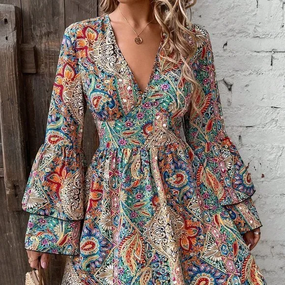 Multicolor Boho Women's Floral Print V-Neck Dress - Picture 4 of 5